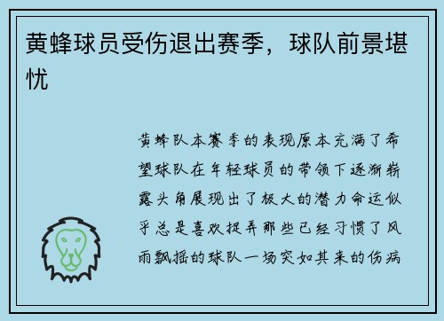 黄蜂球员受伤退出赛季，球队前景堪忧