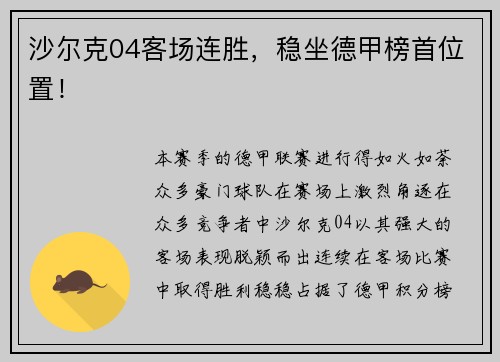沙尔克04客场连胜，稳坐德甲榜首位置！